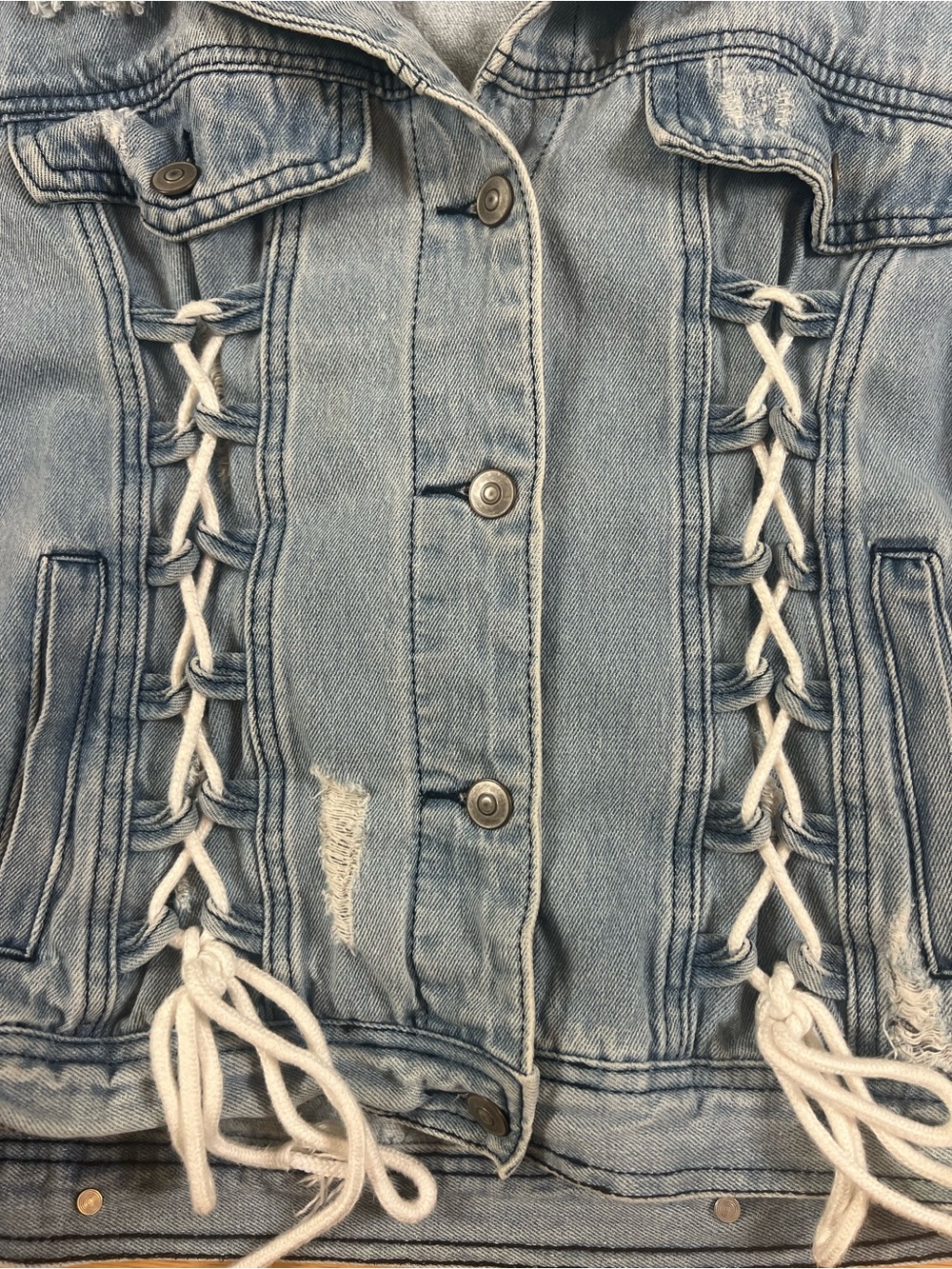 O&O Denimwear Corset Tie Light Wash Distressed Denim Jacket Size M - Picture 7 of 16